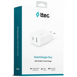 ttec SmartCharger Duo PD Travel ChargerUSB-C+USB-A 32-White