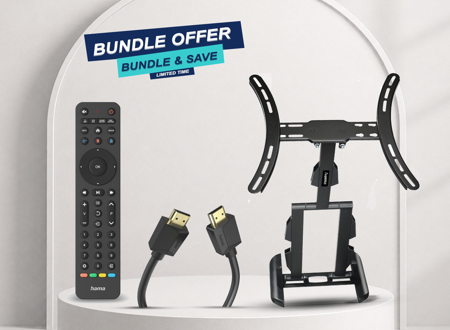 Complete TV Setup Bundle — 65" Swivel Wall Bracket + 8K HDMI Cable + 8-Device Universal Remote