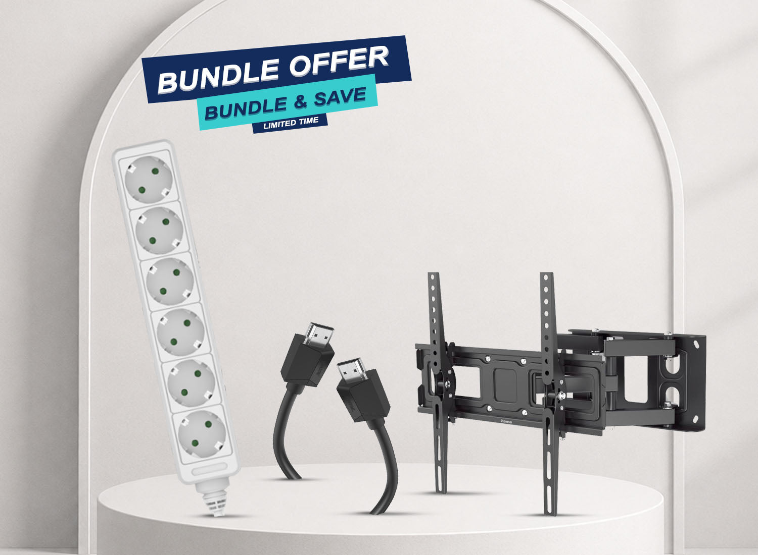 Complete TV Installation Bundle — 65" Full-Motion Wall Bracket + 6-Way Power Strip + 4K HDMI Cable