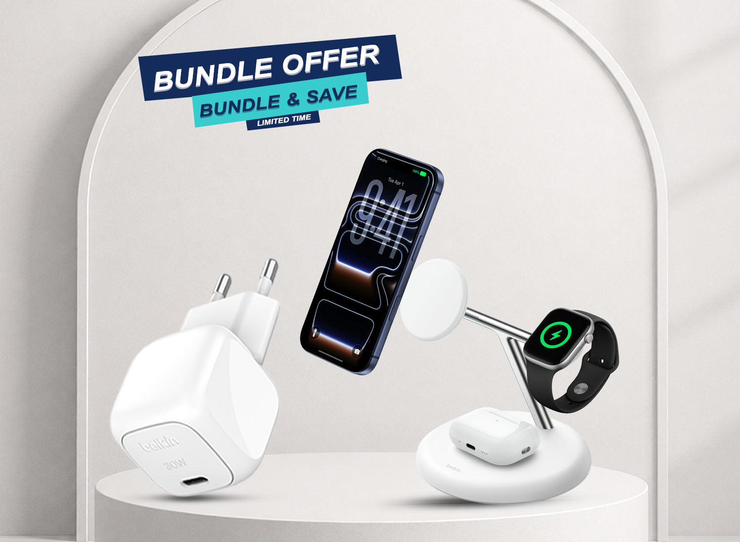 Belkin BoostCharge Pro Complete Charging Bundle — 3-in-1 Wireless Stand + 30W Wall Charger