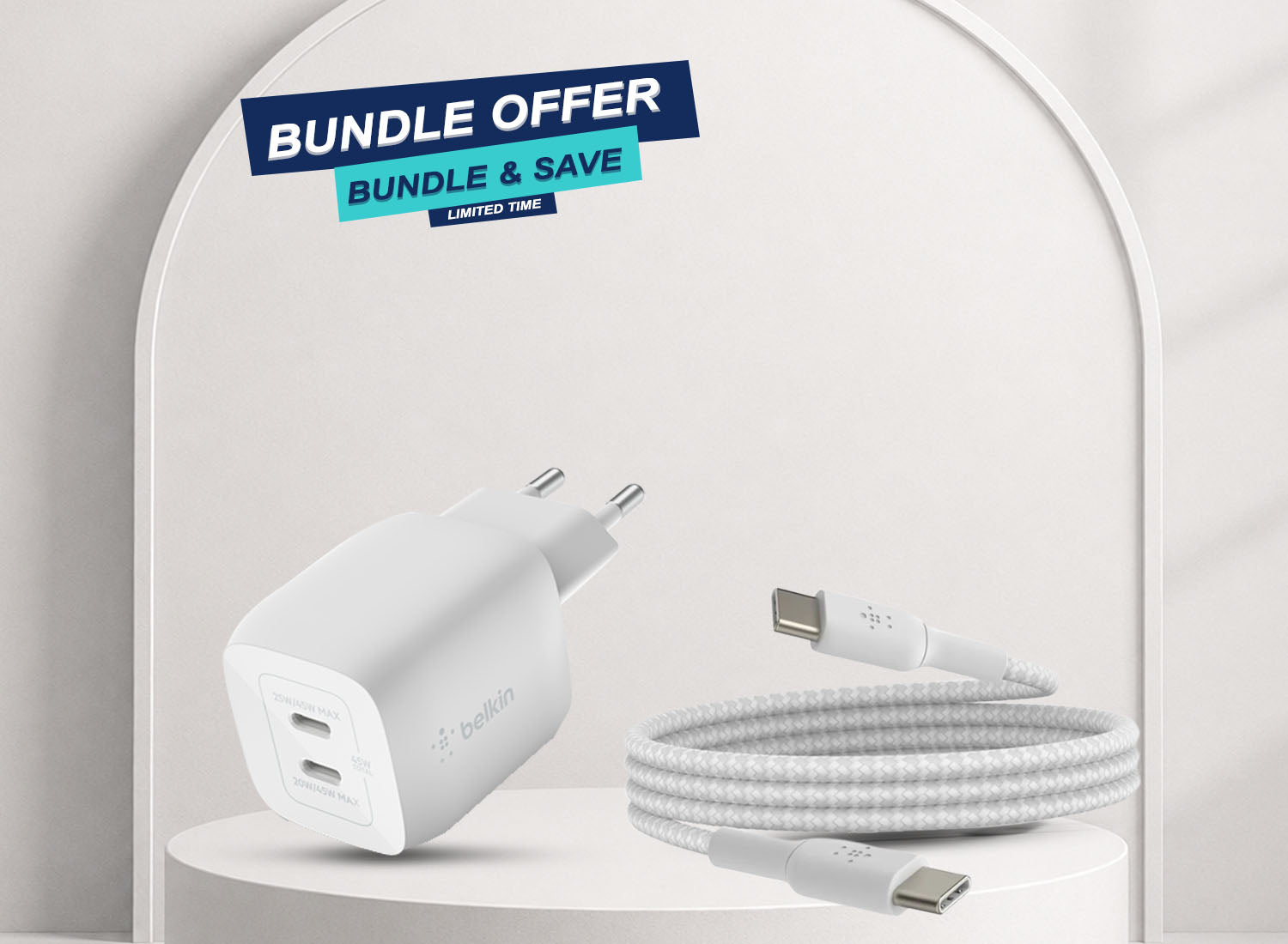 Belkin 45W Dual USB-C GaN Charging Bundle — Wall Charger + Braided USB-C Cable