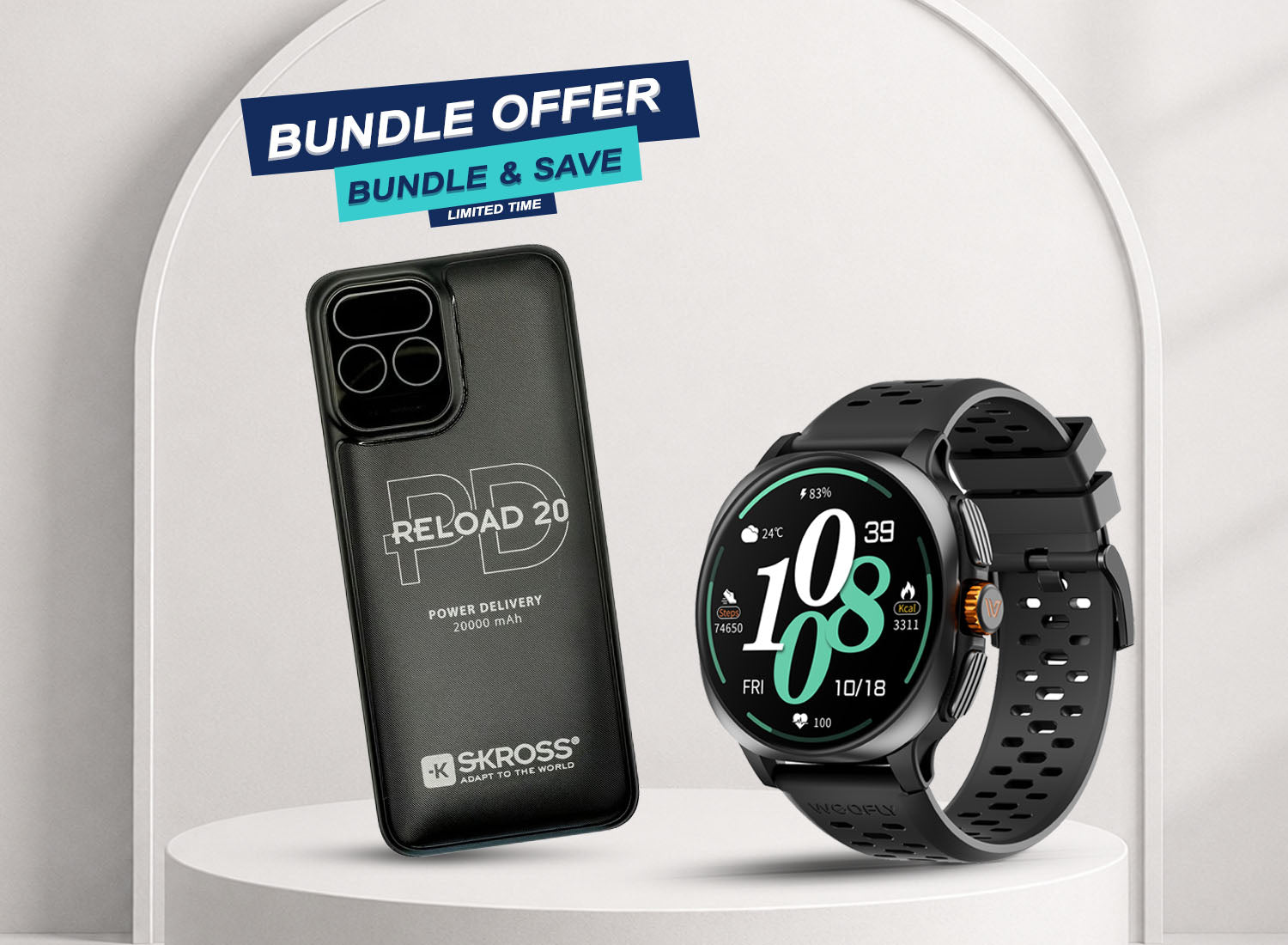 Weofly Vive 2 Smart Watch + SKROSS 20,000mAh Power Bank Bundle — Stay Smart, Stay Powered